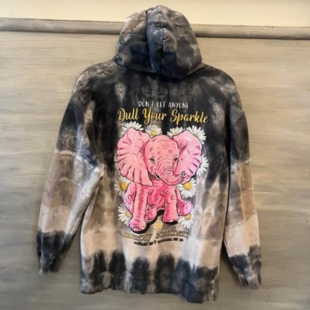 Simply Southern 100% Cotton Pink Elephant Daisy Tie Dye Graphic Hoodie Large GC
